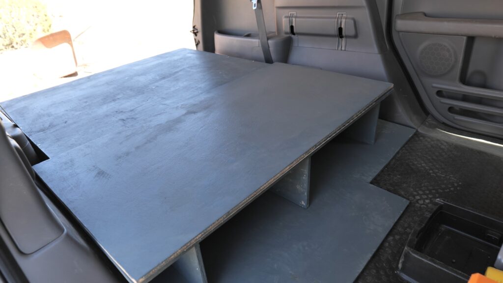 Honda Element camper simple bed platform from the front.