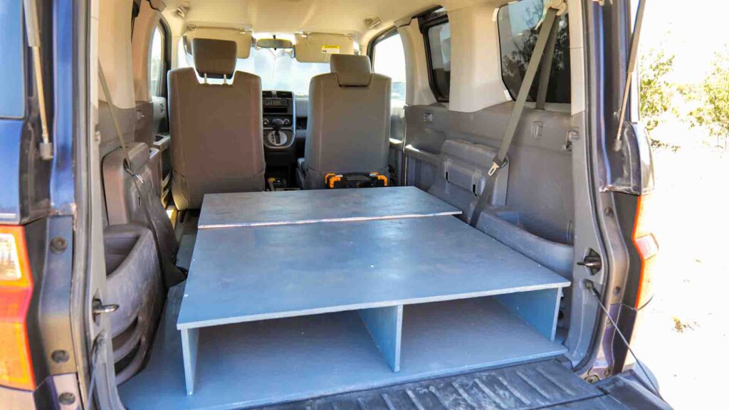 Honda Element camper simple bed platform from the back.